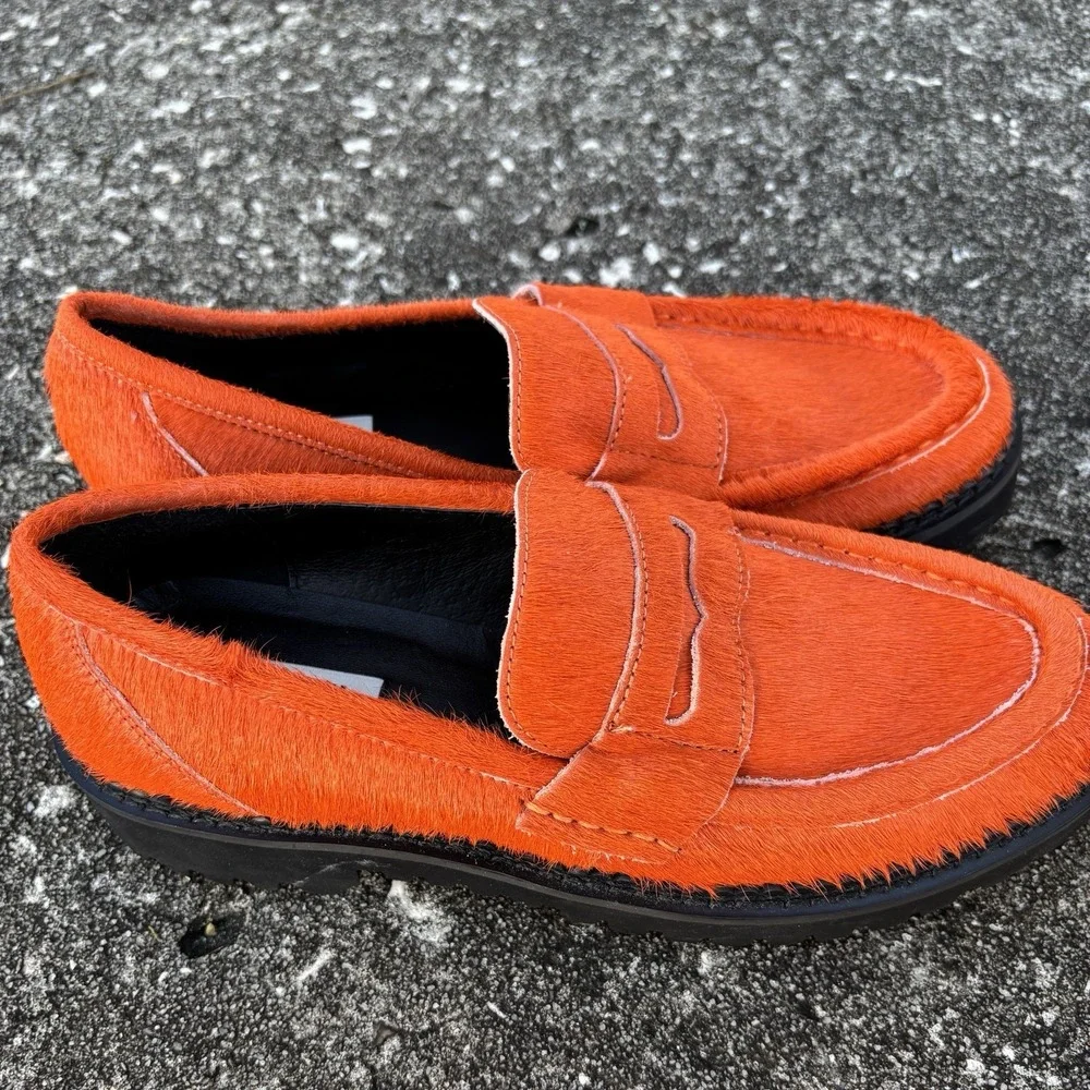 RARE!! Orange Calf Hair Chunky Penny Loafers W7 | 37 Anthropologie Bibi Lou Jaya